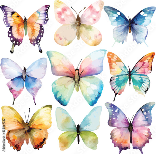 Set Of 9 Watercolor Butterflies On White Background