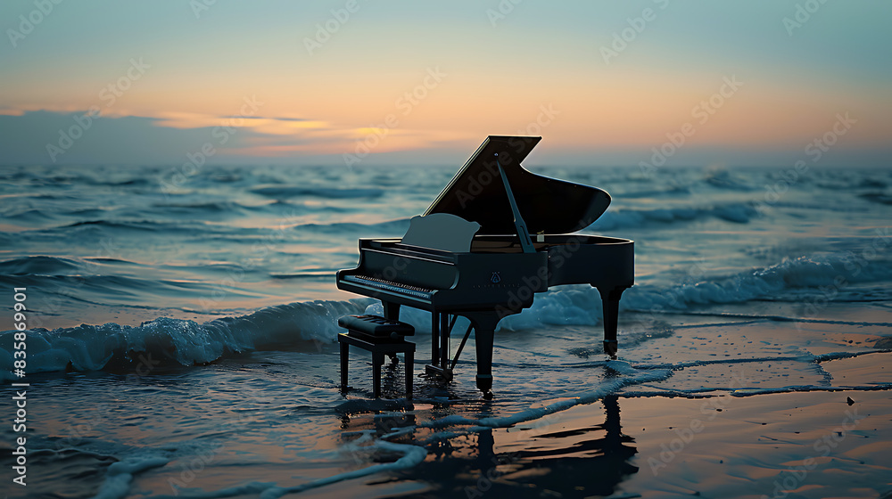 Obraz premium sunset on the beach, sole piano waiting to be played.
