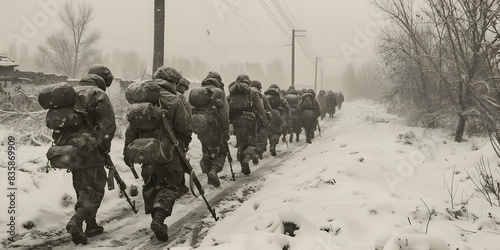 A group of soldiers walking through the snow in a war zone photo