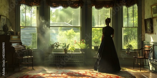 Lady in period dress standing by windows photo