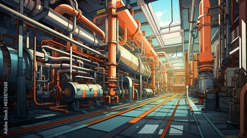 A beaming refinery engineer gives a tour to visitors, explaining the workings of a massive distillation unit with pride, highlighting the refineryâ€™s impressive capabilities. Painting Illustration