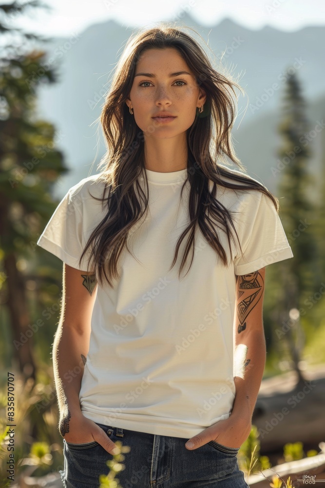 image of a white woman standing up straight with semi short hear wearing an oversized ivory colored bella+canvas 3001 t-shirt untucked in yosemite national park image of a white woman standing up straight with semi short hear wearing an oversized ivory colored bella+canvas 3001 t-shirt untucked in yosemite national park