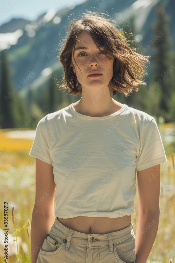 Fototapeta premium image of a white woman standing up straight with semi short hear wearing an oversized ivory colored bella+canvas 3001 t-shirt untucked in yosemite national park