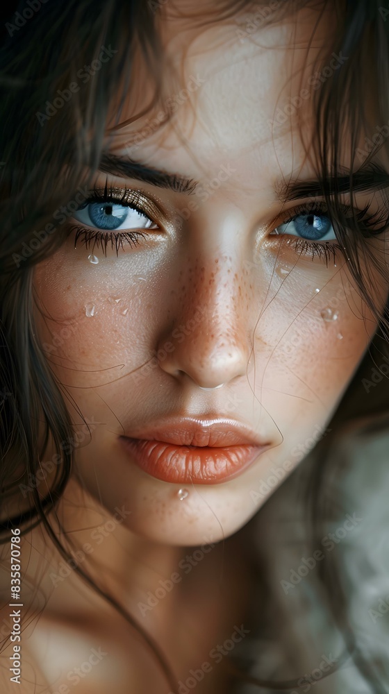 Portrait of a beautiful young woman with freckles and blue eyes Portrait of a beautiful young woman with freckles and blue eyes