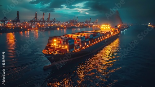 container ship unloading in deep sea port global business logistic import export freight shipping transportation oversea worldwide .stock illustration photo