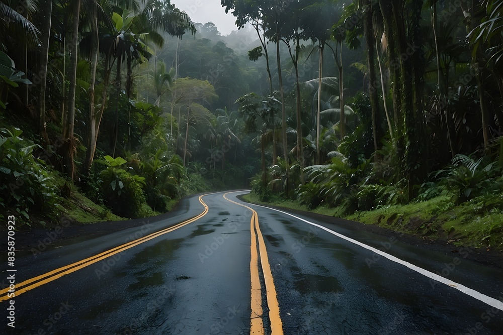 Empty road along with rainforest at costa rica