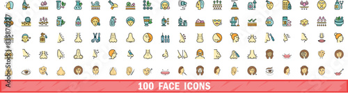 100 face icons set. Color line set of face vector icons thin line color flat on white