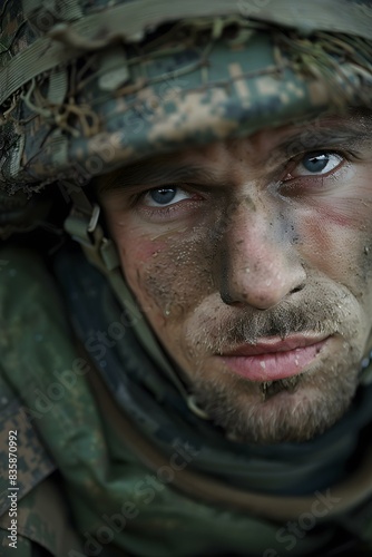 Portrait of a male soldier with camouflage on his face