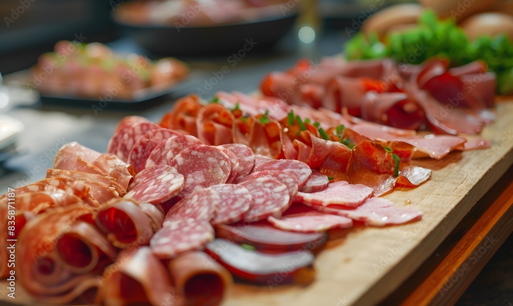 Obraz premium Arranged Sliced Meat, Generative AI 