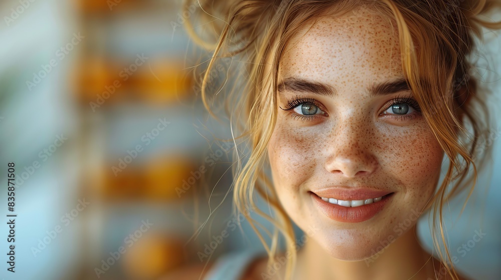 pretty smiling joyfully female with fair hair dressed casually looking with satisfaction at camera being happy .stock illustration pretty smiling joyfully female with fair hair dressed casually looking with satisfaction at camera being happy .stock illustration