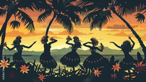 Silhouette illustration of Hawaiian hula dancers performing at sunset, framed by palm trees and vibrant flowers, capturing a tropical and serene scene.