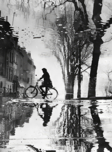 Blurred silhouettes of the girl on the bike down the street in the rain, reflection in puddle, Black and white vintage image photo