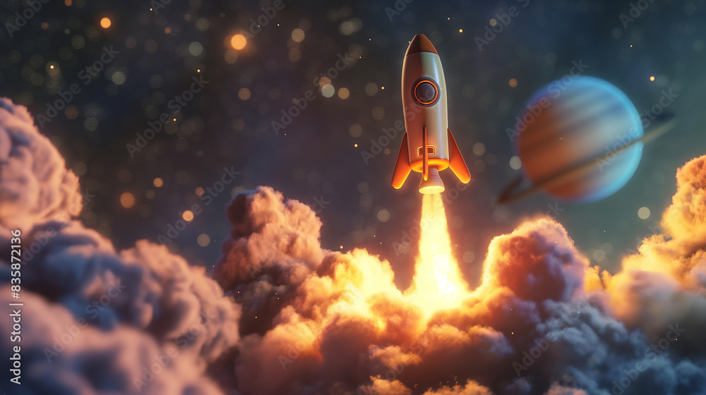 Naklejka premium 3D Realistic Cartoon Style Space Rocket with Smoke