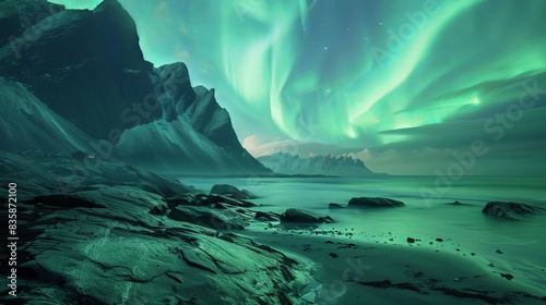 aurora, borealis, northernlights, norway, lofoten, islands, mountains, snow, winter, landscape, night, reflection, water, serene, green, sky, stars, nature, outdoors, beauty, travel, scenic, arctic, p photo