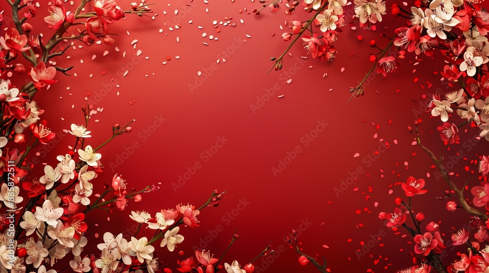 Spring blossom border over red background with copyspace for chinese new year nature design Spring blossom border over red background with copyspace for chinese new year nature design