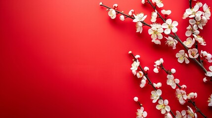 Spring blossom border over red background with copyspace for chinese new year nature design