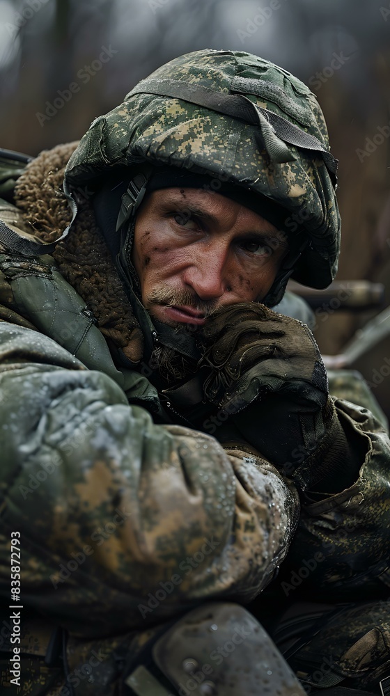 Portrait of a Russian soldier in the forest