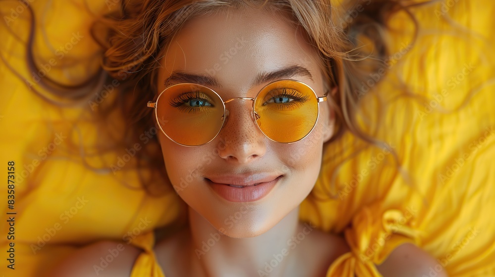 Fototapeta premium selfie fashion and woman with sunglasses on yellow background color wall and gen z backdrop happy young female. stock image