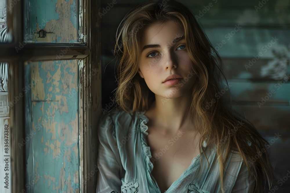 Portrait of a Young Woman with Freckles Looking Out a Window Portrait of a Young Woman with Freckles Looking Out a Window