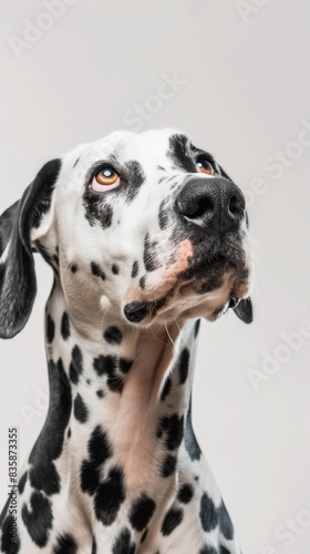 A close-up portrait of a Dalmatian dog with black spots against a white background