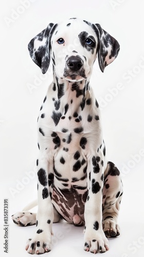 A Dalmatian dog sits on a white background