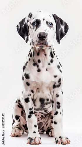 A Dalmatian dog sits on a white background