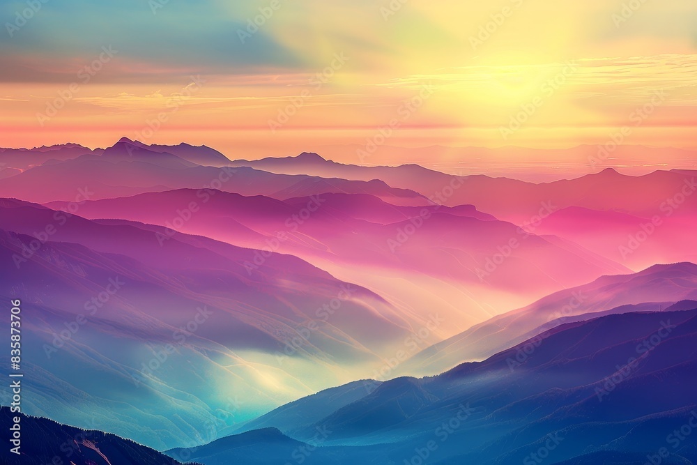 A breathtaking view of a mountain range at sunrise, with vibrant colors and mist in the valleys. The composition includes space for inspirational text.