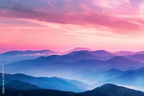 A breathtaking view of a mountain range at sunrise  with vibrant colors and mist in the valleys. The composition includes space for inspirational text.