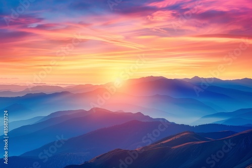 A breathtaking view of a mountain range at sunrise  with vibrant colors and mist in the valleys. The composition includes space for inspirational text.