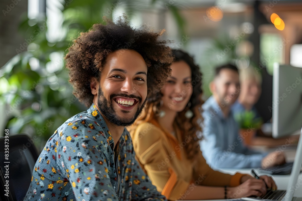 Portrait of a smiling man with afro hair in a casual shirt surrounded by his colleagues in the background Portrait of a smiling man with afro hair in a casual shirt surrounded by his colleagues in the background
