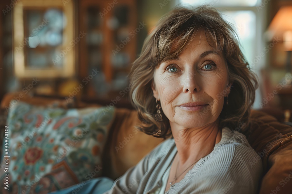 portrait of a middle-aged woman with short brown hair and blue eyes portrait of a middle-aged woman with short brown hair and blue eyes