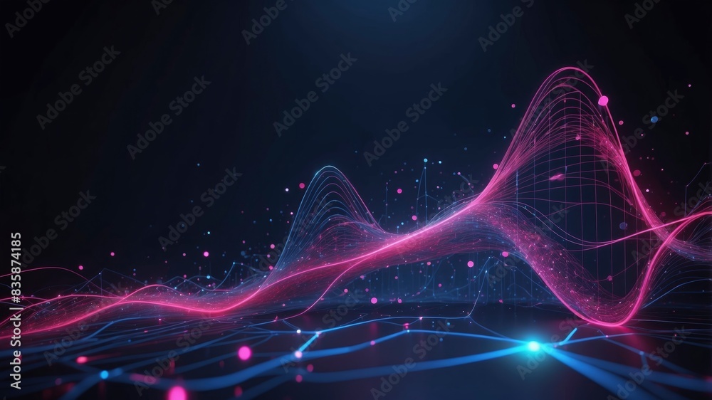 Striking portrayal of big data with dynamic dark blue and pink lines symbolizing data flow and connectivity, accented by red and blue glow dots for visual impact-