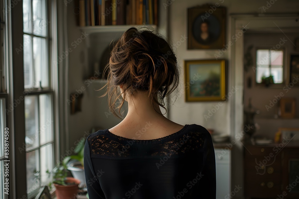 Woman with a Bun Looking Out a Window in a Room