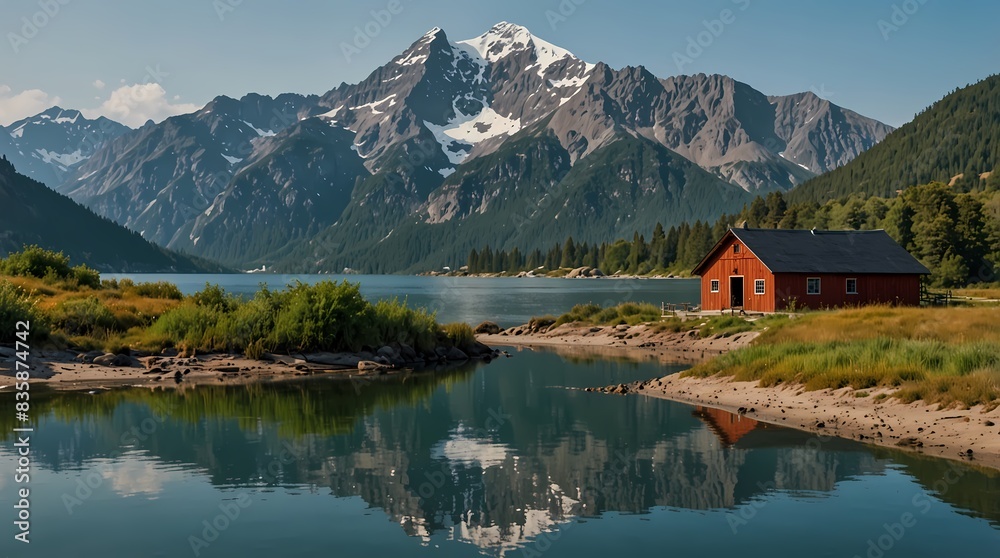 Fototapeta premium view of a house by a lake with a mountain with ice peaks in the background