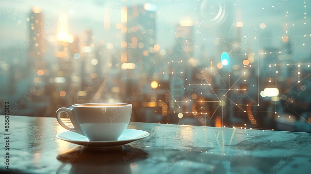 Futuristic Coffee Breaks: Blurring Work and Relaxation in Office Environments, Overlay layers with city background and holograms of technology icons are in the foreground, intersected by glowing neon Futuristic Coffee Breaks: Blurring Work and Relaxation in Office Environments, Overlay layers with city background and holograms of technology icons are in the foreground, intersected by glowing neon