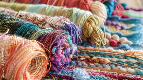 A table covered in colorful yarn ready to be transformed into a woven wall hanging.