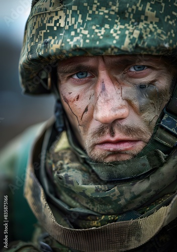 Portrait of a soldier with camouflage on his face