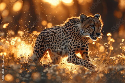 cheetah running in Kruger National Park with the Savannah trees in the background, generative ai