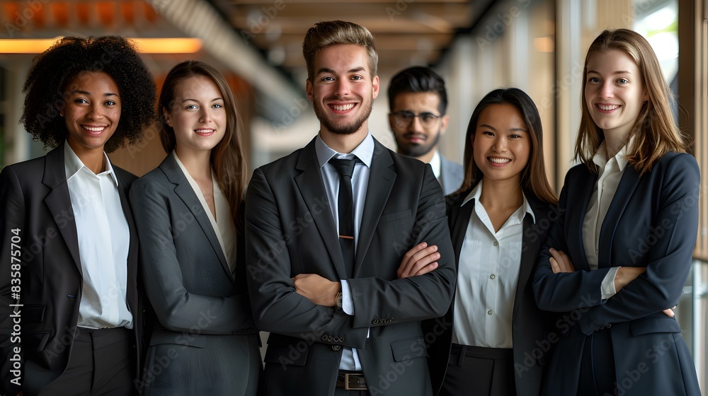 A group of young professionals in business suits posing for a photo A group of young professionals in business suits posing for a photo