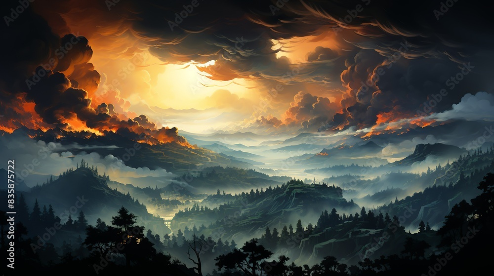 An aerial view of a massive wildfire raging through a forest, illustrating the devastating effects of global warming on natural landscapes and the increasing frequency of extreme weather events. An aerial view of a massive wildfire raging through a forest, illustrating the devastating effects of global warming on natural landscapes and the increasing frequency of extreme weather events.