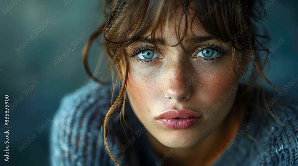 Portrait of a young woman with blue eyes and freckles Portrait of a young woman with blue eyes and freckles