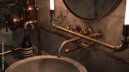 Industrial chic bathroom, close-up on copper pipes and concrete sink, ambient soft light -