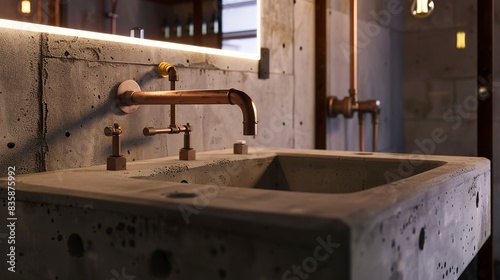 Industrial chic bathroom, close-up on copper pipes and concrete sink, ambient soft light photo