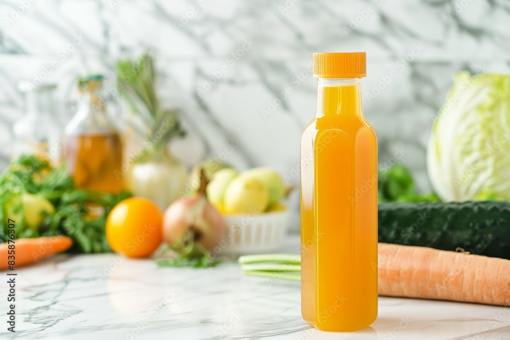 A gourmet vegetable juice bottle with a minimalist design, placed on a marble countertop. The background includes scattered fresh vegetables for a stylish touch. A gourmet vegetable juice bottle with a minimalist design, placed on a marble countertop. The background includes scattered fresh vegetables for a stylish touch.