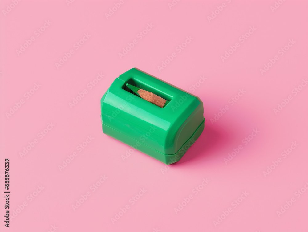 A green sharpener positioned in the bottom left corner of a solid pink background, essential for keeping pencils sharp.