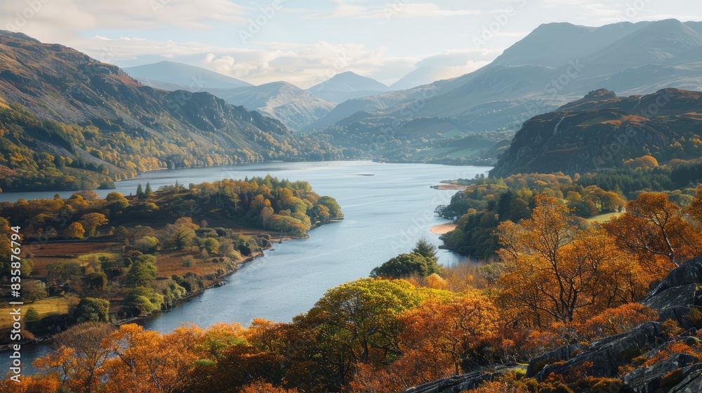 View of autumn landscape of llanberis and llyn padarn in wales with vibrant foliage and serene lake surrounded by majestic mountains View of autumn landscape of llanberis and llyn padarn in wales with vibrant foliage and serene lake surrounded by majestic mountains