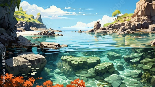A picturesque coastal scene with coral reefs, showcasing the vibrant marine life threatened by rising ocean temperatures and acidification due to climate change. Painting Illustration style, Minimal photo