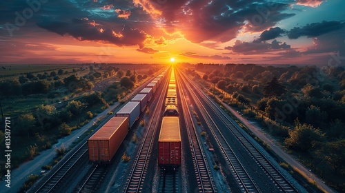 sunset illuminates a cargo freight train as it travels along the tracks carrying goods through the night showcasing the essential elements .stock illustration photo