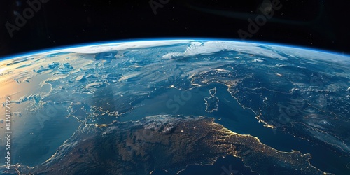 Stunning Earth View from Space with Sunrise over Continents and Deep Blue Sky Highlighting Planet's Horizon photo