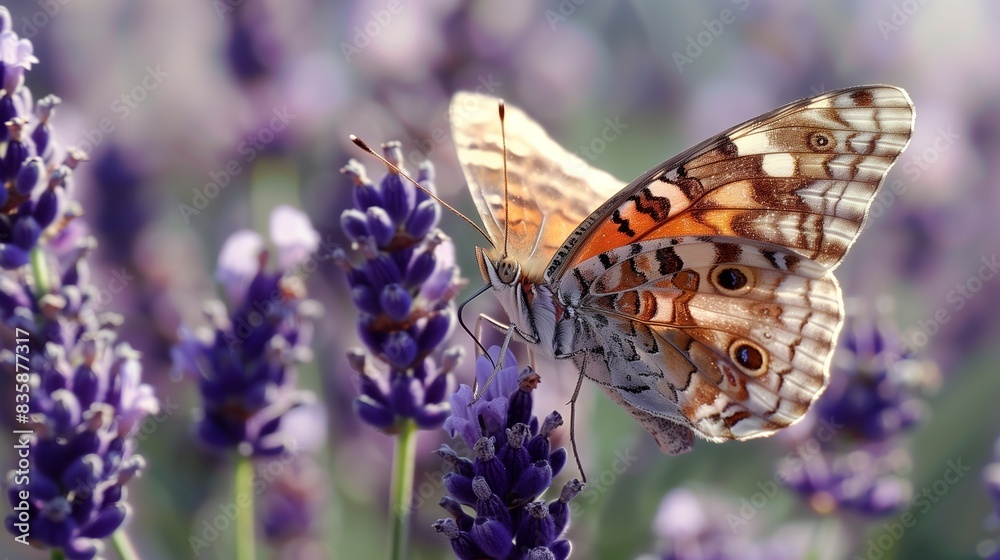 A beautiful butterfly perched on a vibrant lavender plant, its wings displaying intricate patterns and colors, creating a scene of delicate wonder. A beautiful butterfly perched on a vibrant lavender plant, its wings displaying intricate patterns and colors, creating a scene of delicate wonder.